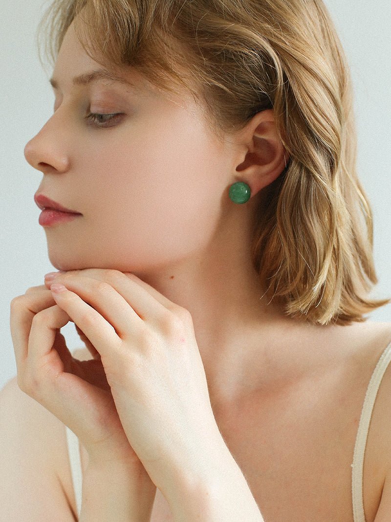 Aventurine Stone Onyx Hemispheric Sterling Silver Stud Earrings - floysun