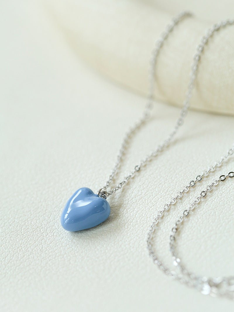 Baby Blue Enamel Heart Pendant Necklace - floysun