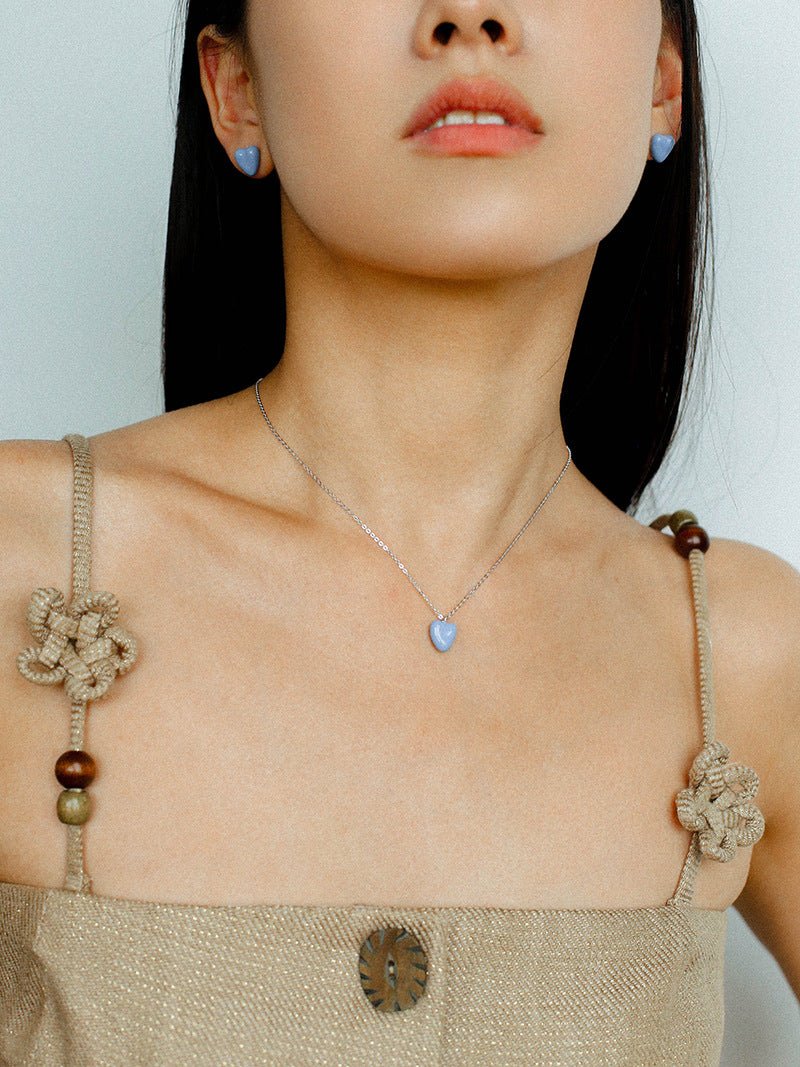 Baby Blue Enamel Heart Pendant Necklace - floysun