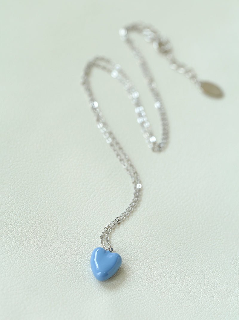 Baby Blue Enamel Heart Pendant Necklace - floysun