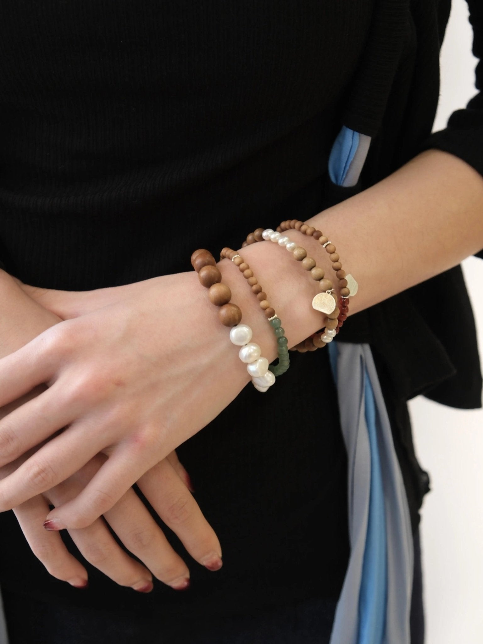 Barbie Sandalwood Freshwater Pearl & Agate Stretch Bracelet - floysun