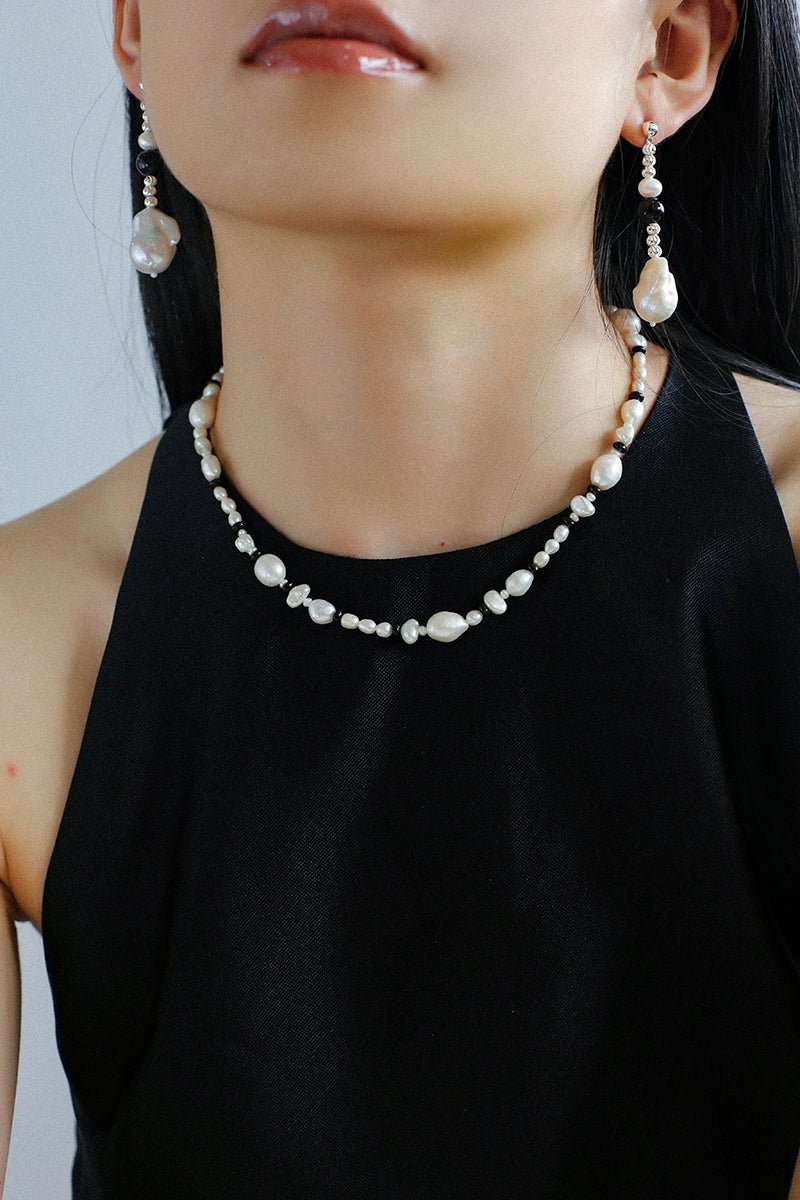Baroque Pearl and Black Onyx Beaded Necklace - floysun