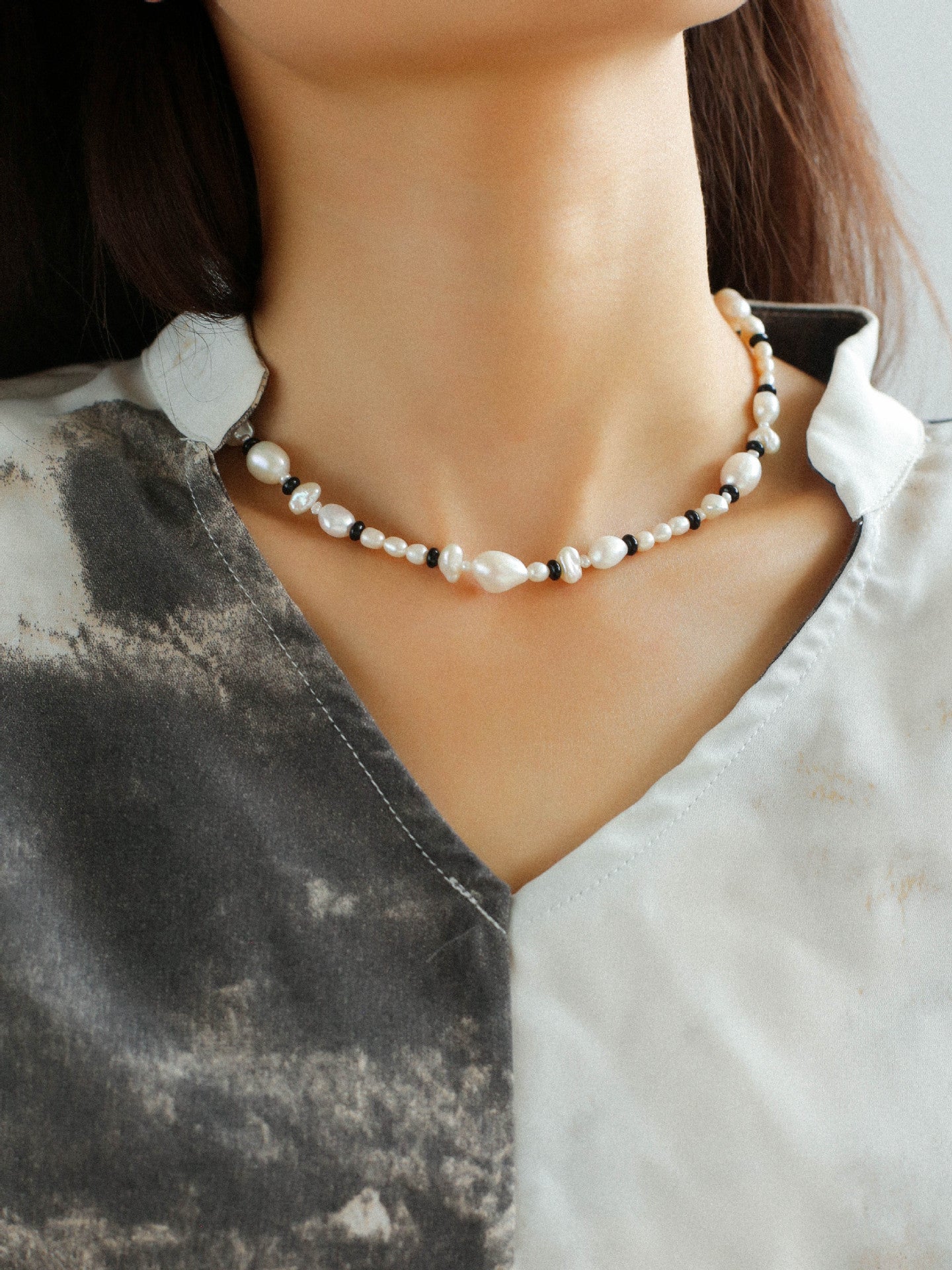 Baroque Pearl and Black Onyx Beaded Necklace - floysun