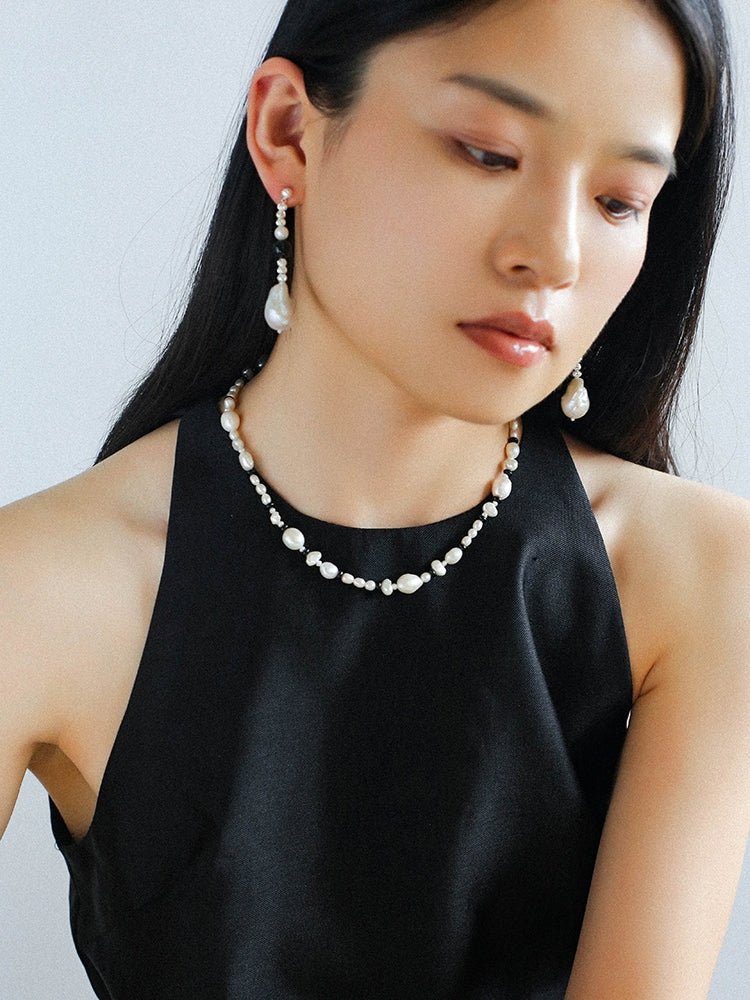 Baroque Pearl and Black Onyx Beaded Necklace - floysun
