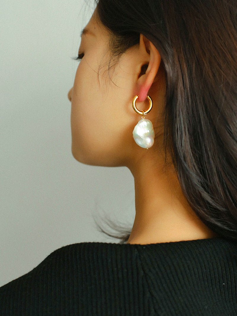 Baroque Pearl Drop Hoop Earrings - floysun