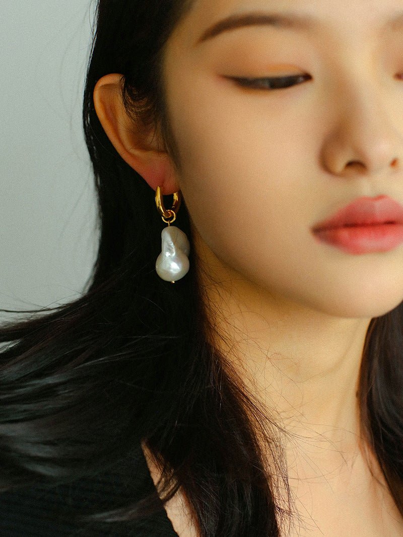 Baroque Pearl Drop Hoop Earrings - floysun