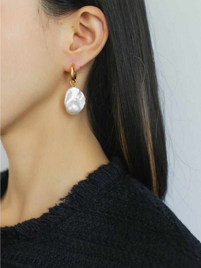 Baroque Pearl Drop Hoop Earrings - floysun