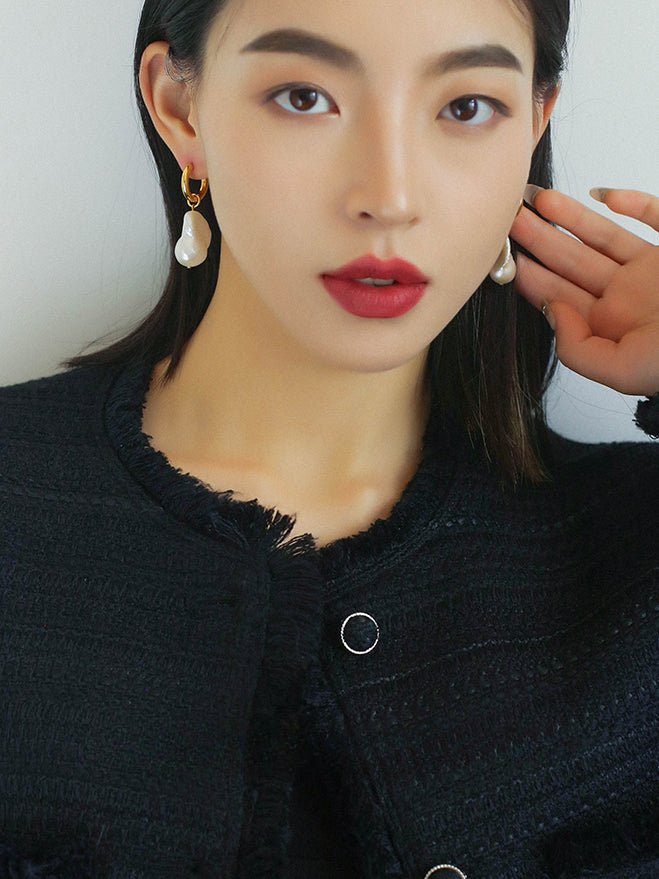 Baroque Pearl Drop Hoop Earrings - floysun