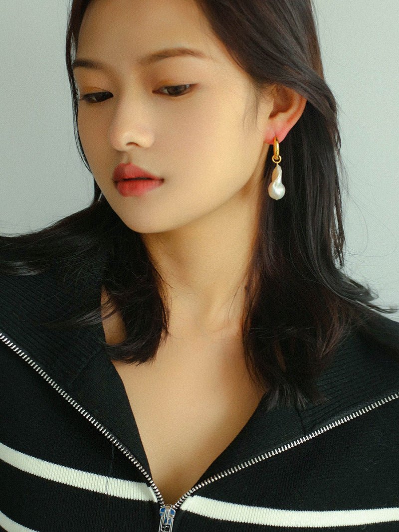 Baroque Pearl Drop Hoop Earrings - floysun