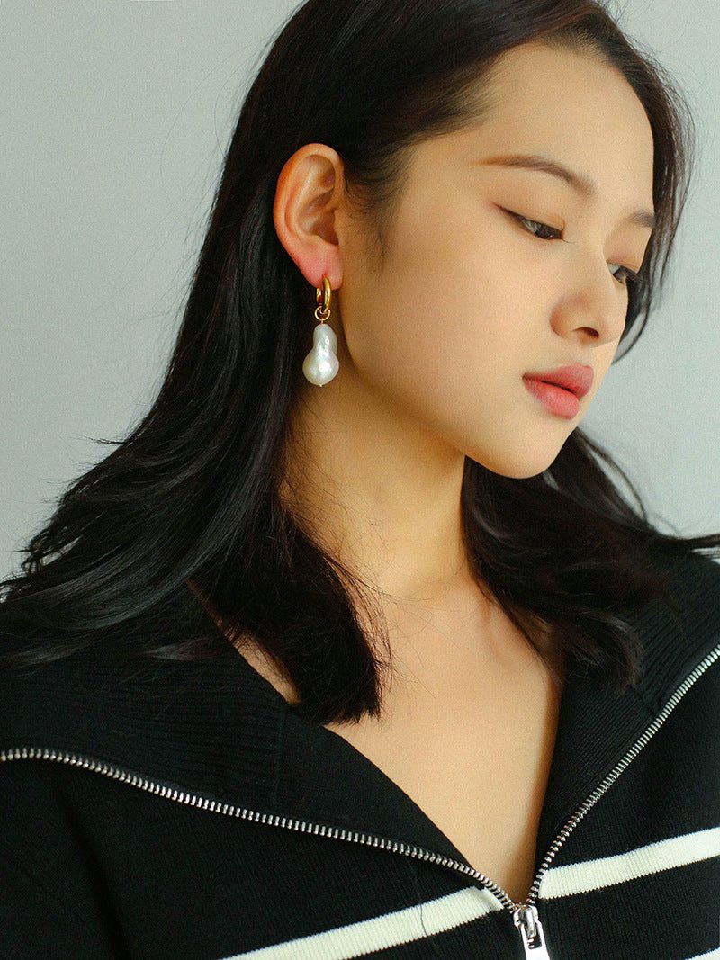 Baroque Pearl Drop Hoop Earrings - floysun