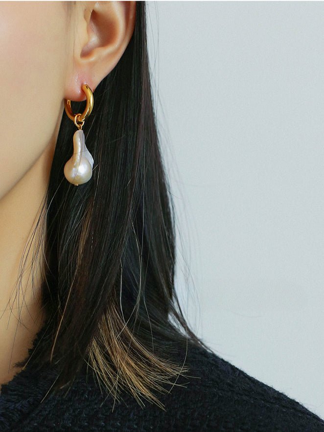 Baroque Pearl Drop Hoop Earrings - floysun