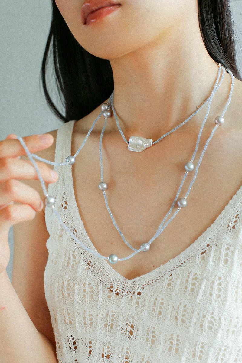 Baroque Pearl Pendant Aquamarine Beaded Necklace - floysun