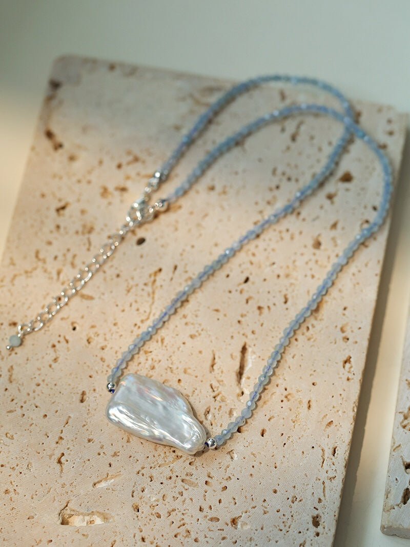Baroque Pearl Pendant Aquamarine Beaded Necklace - floysun