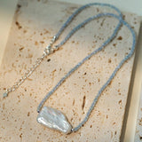Baroque Pearl Pendant Aquamarine Beaded Necklace - floysun
