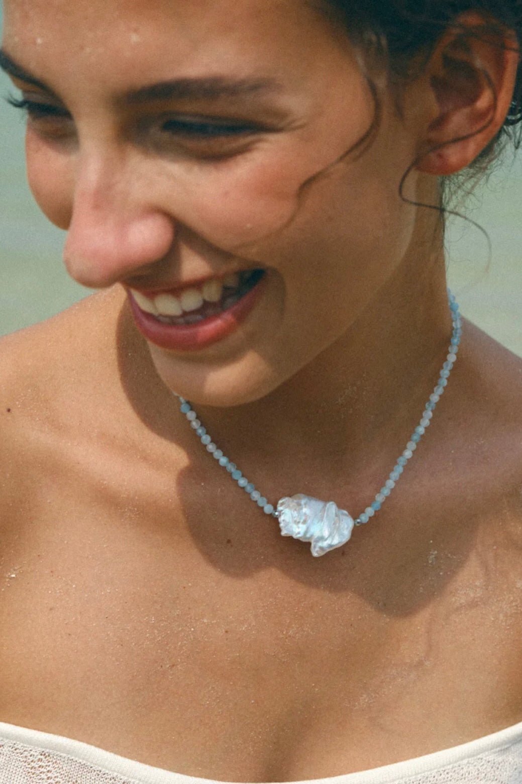 Baroque Pearl Pendant Aquamarine Beaded Necklace - floysun