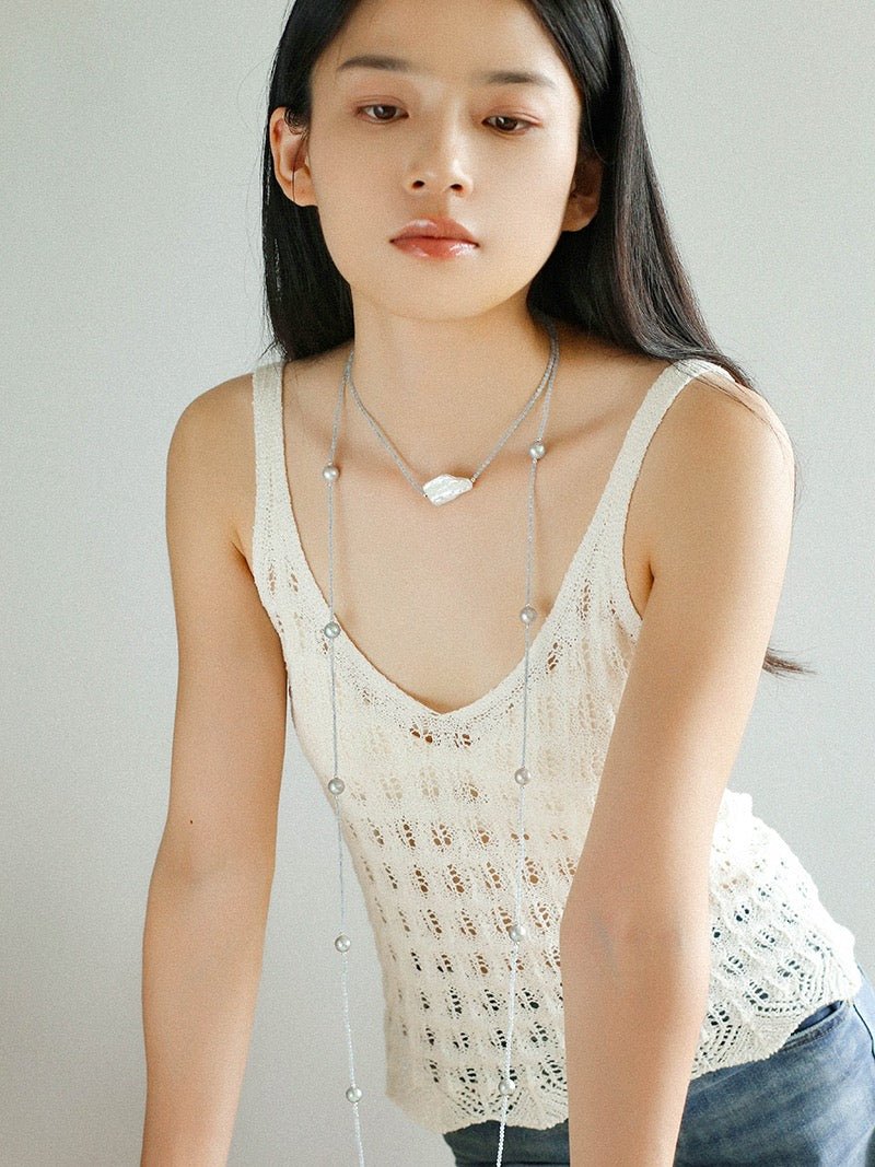 Baroque Pearl Pendant Aquamarine Beaded Necklace - floysun