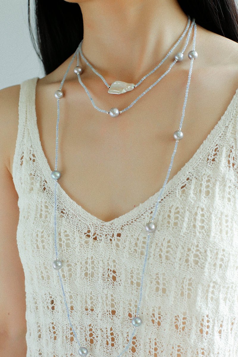 Baroque Pearl Pendant Aquamarine Beaded Necklace - floysun