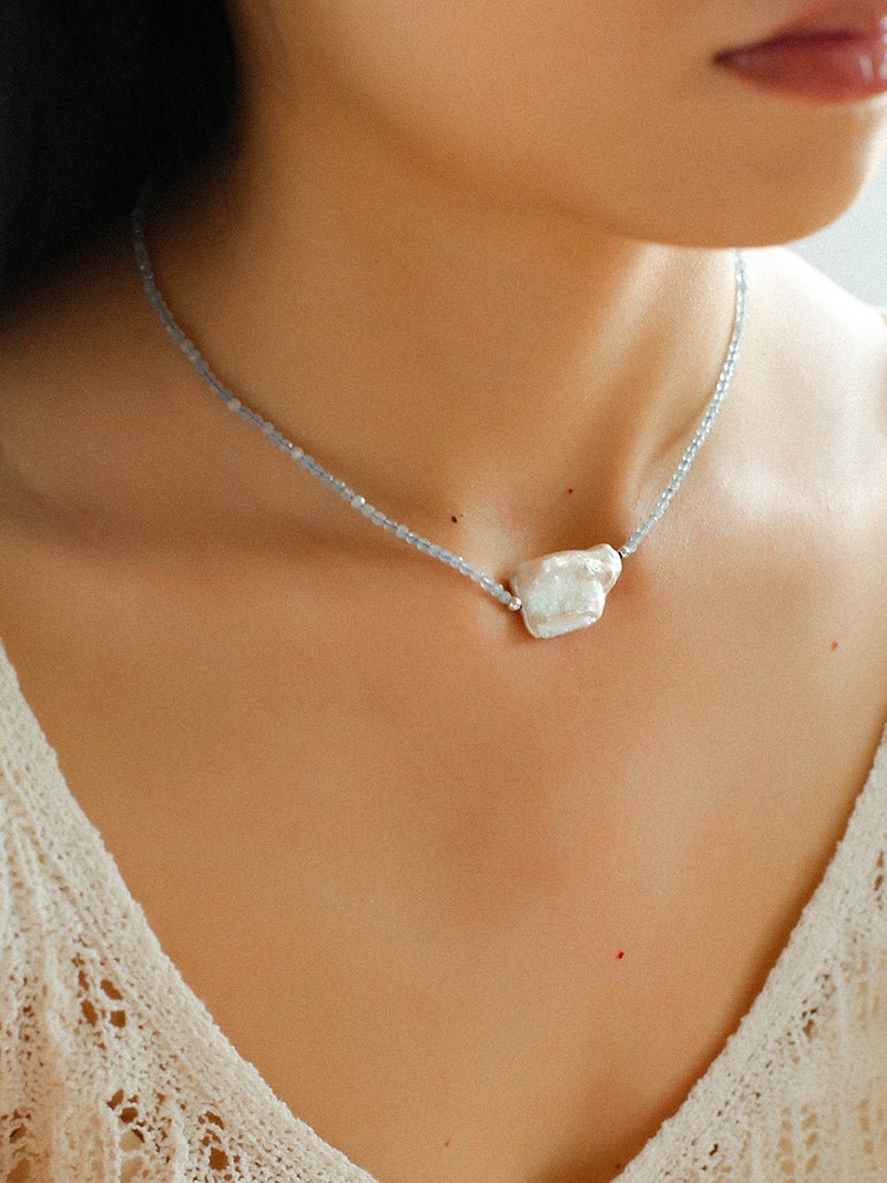 Baroque Pearl Pendant Aquamarine Beaded Necklace - floysun