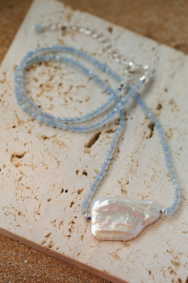 Baroque Pearl Pendant Aquamarine Beaded Necklace - floysun