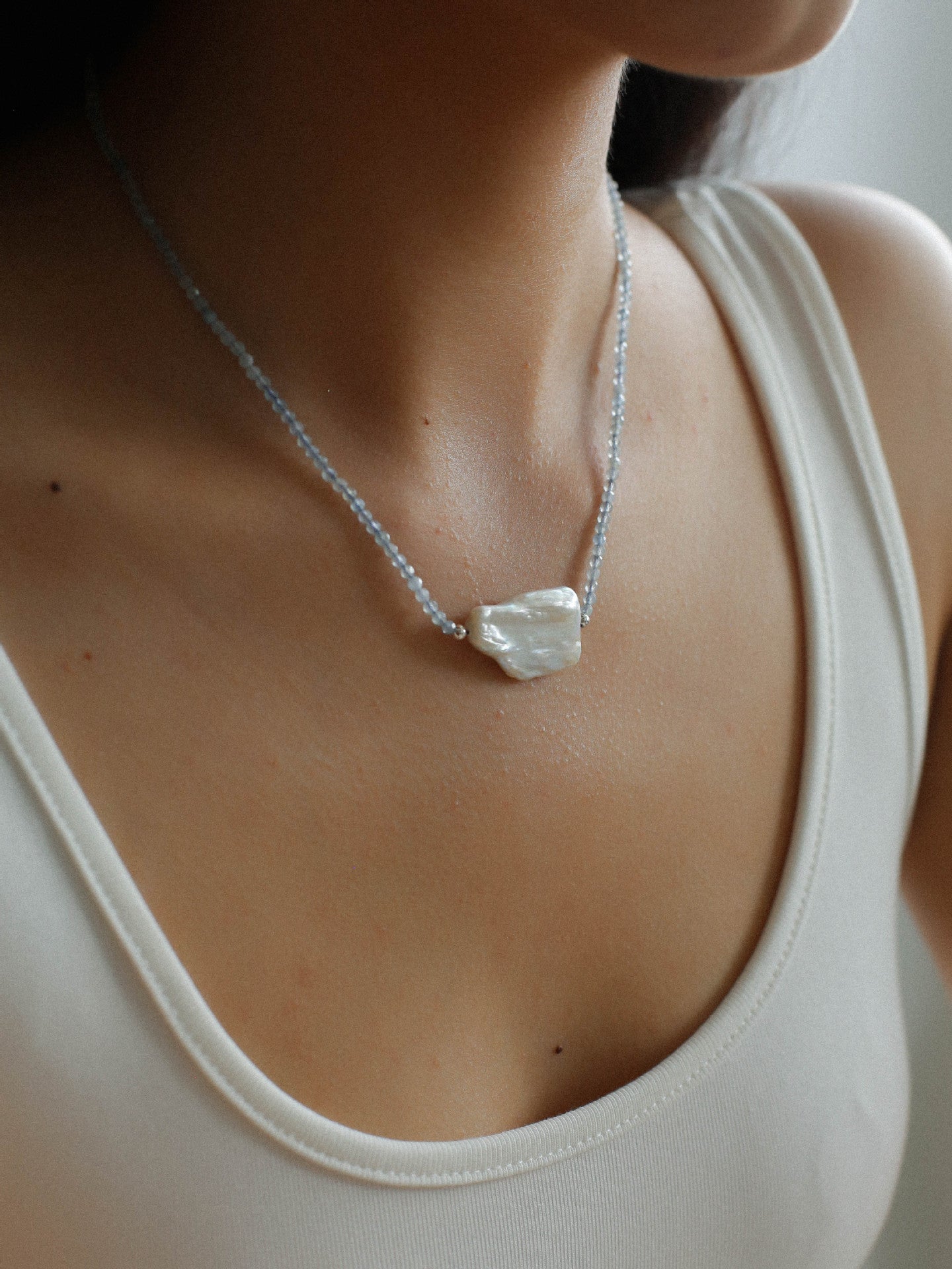 Baroque Pearl Pendant Aquamarine Beaded Necklace - floysun