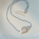 Baroque Pearl Pendant Aquamarine Beaded Necklace - floysun