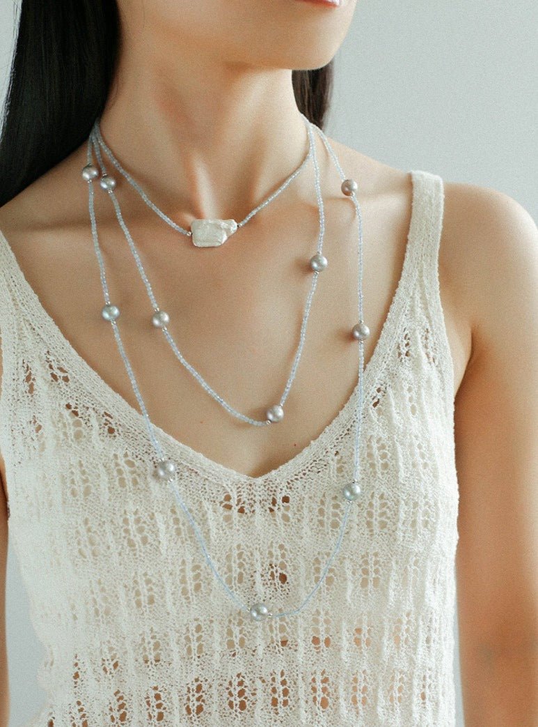 Baroque Pearl Pendant Aquamarine Beaded Necklace - floysun