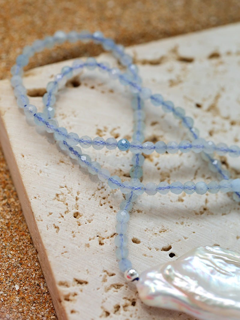 Baroque Pearl Pendant Aquamarine Beaded Necklace - floysun