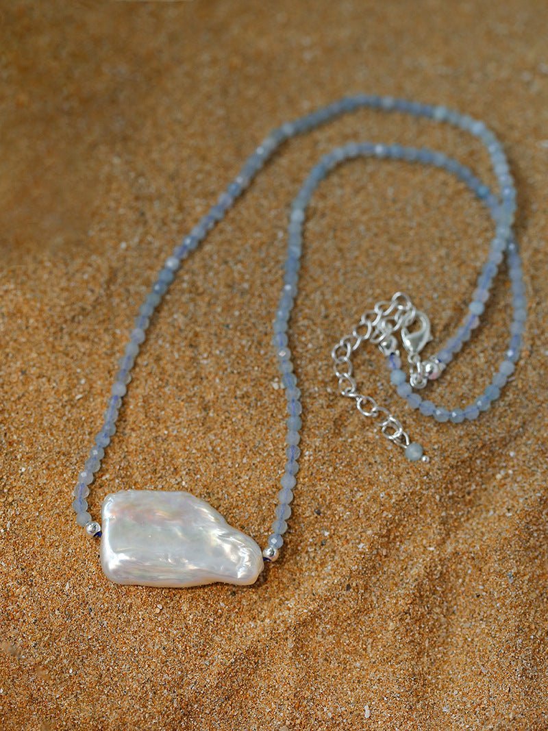 Baroque Pearl Pendant Aquamarine Beaded Necklace - floysun