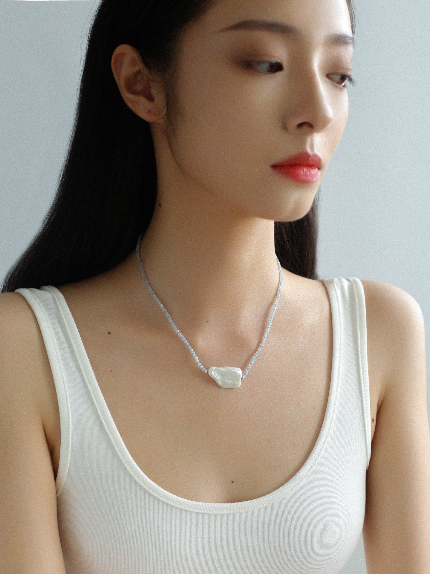 Baroque Pearl Pendant Aquamarine Beaded Necklace - floysun