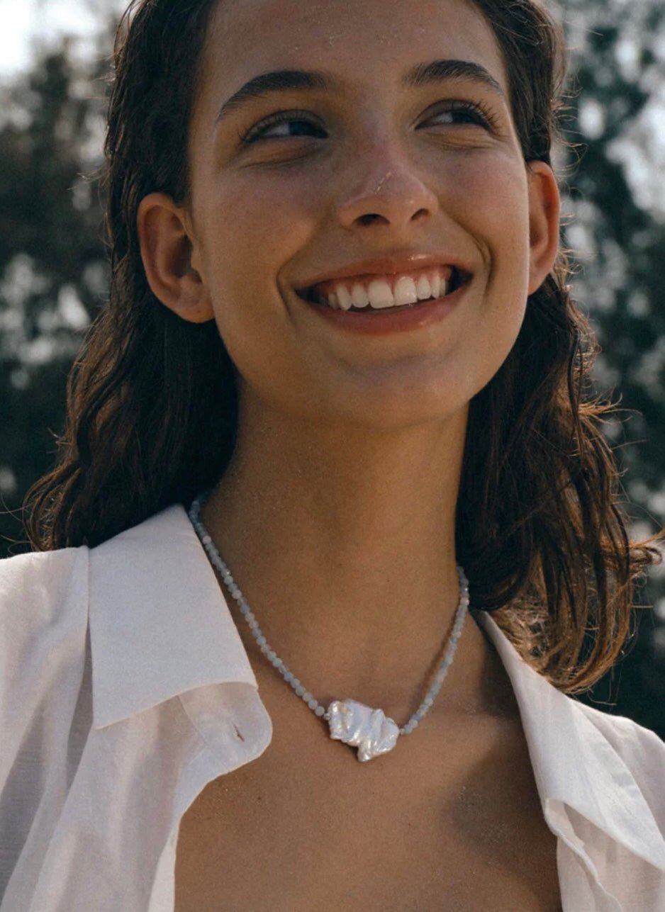Baroque Pearl Pendant Aquamarine Beaded Necklace - floysun