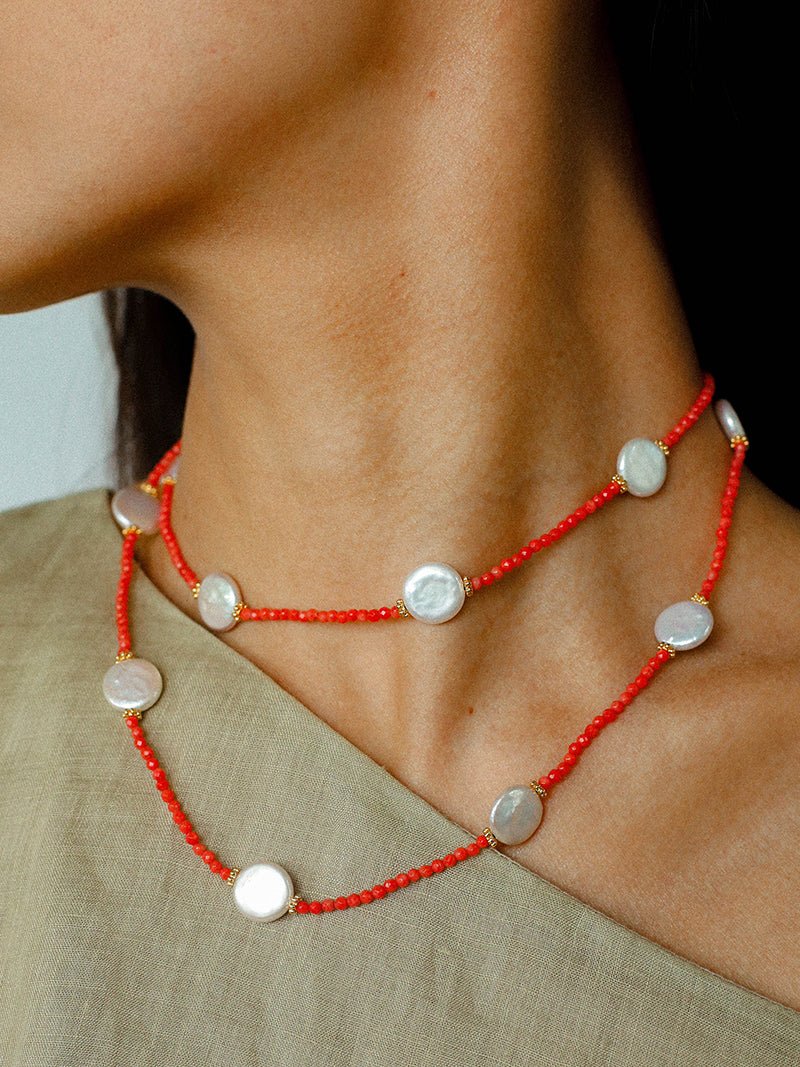 Baroque Pearl & Red Faceted Gem Beaded Long Necklace - floysun