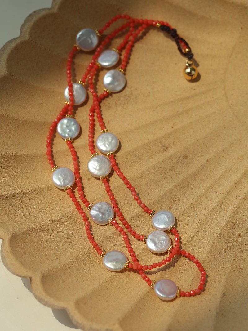 Baroque Pearl & Red Faceted Gem Beaded Long Necklace - floysun