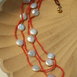 Baroque Pearl & Red Faceted Gem Beaded Long Necklace - floysun