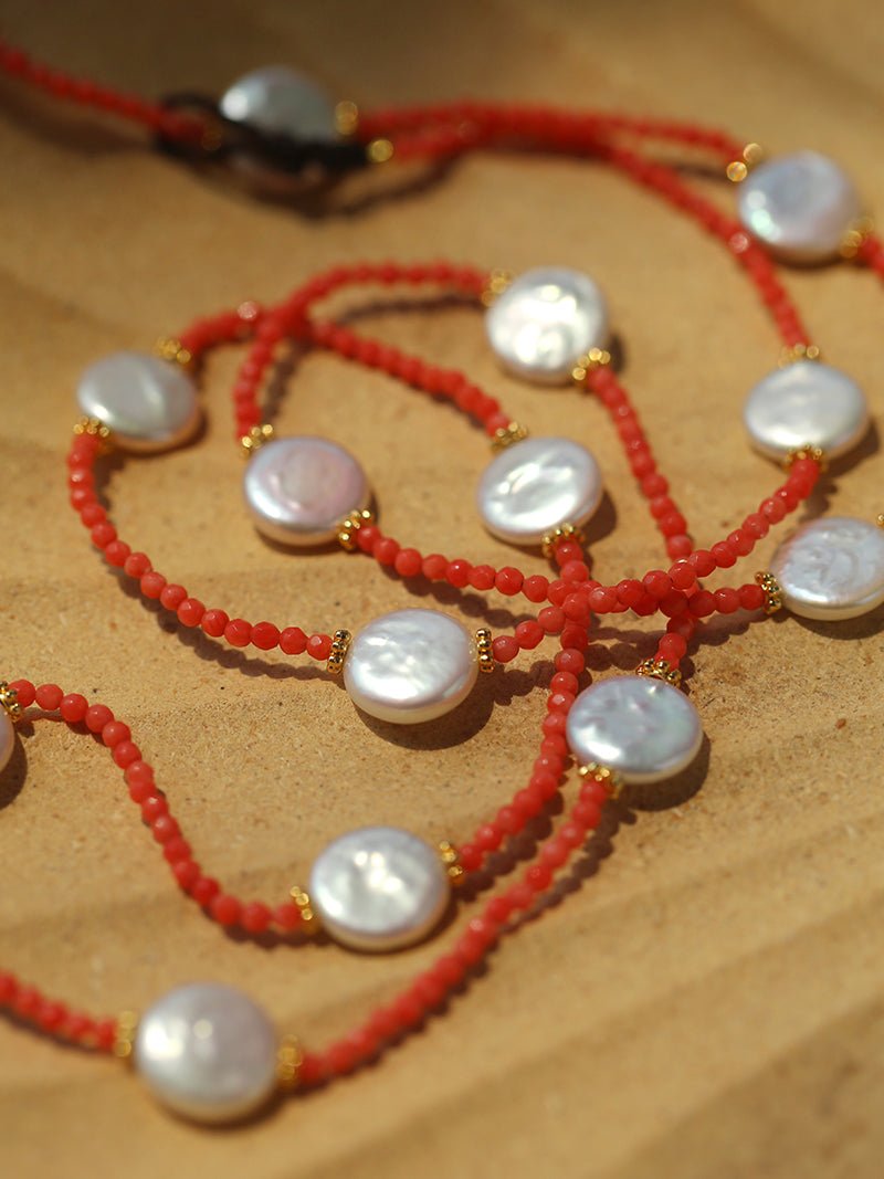 Baroque Pearl & Red Faceted Gem Beaded Long Necklace - floysun