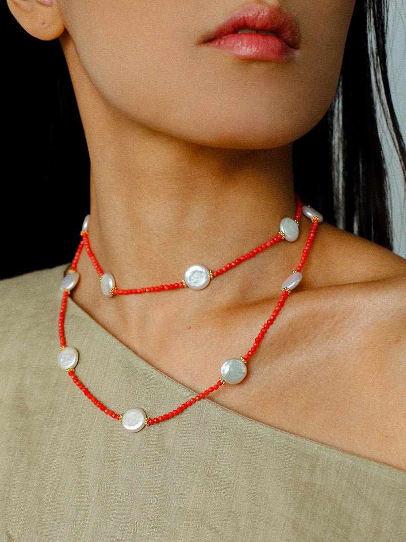 Baroque Pearl & Red Faceted Gem Beaded Long Necklace - floysun