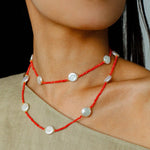 Baroque Pearl & Red Faceted Gem Beaded Long Necklace - floysun