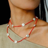 Baroque Pearl & Red Faceted Gem Beaded Long Necklace - floysun