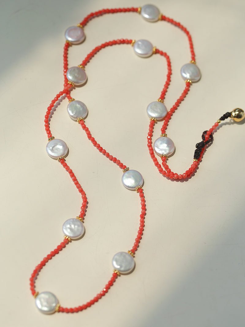 Baroque Pearl & Red Faceted Gem Beaded Long Necklace - floysun