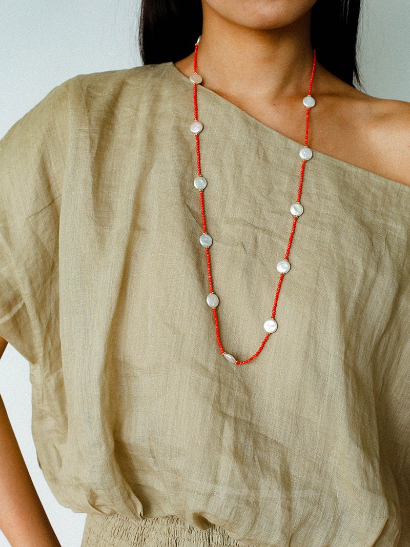 Baroque Pearl & Red Faceted Gem Beaded Long Necklace - floysun