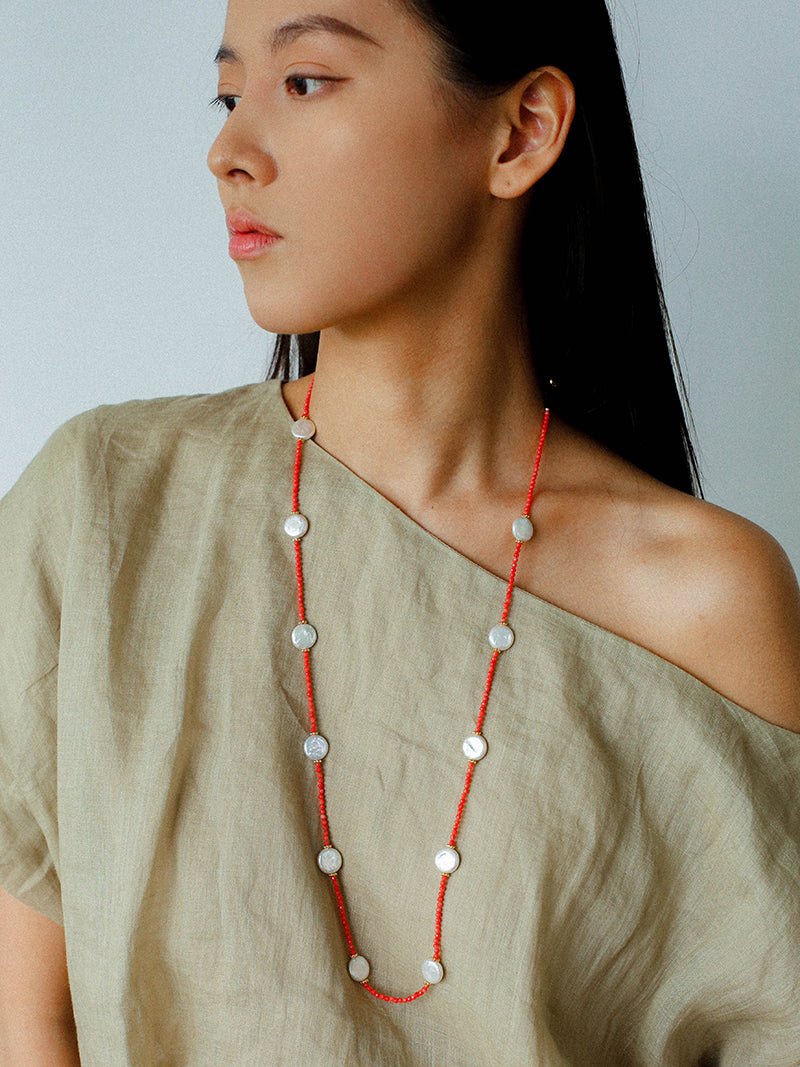 Baroque Pearl & Red Faceted Gem Beaded Long Necklace - floysun