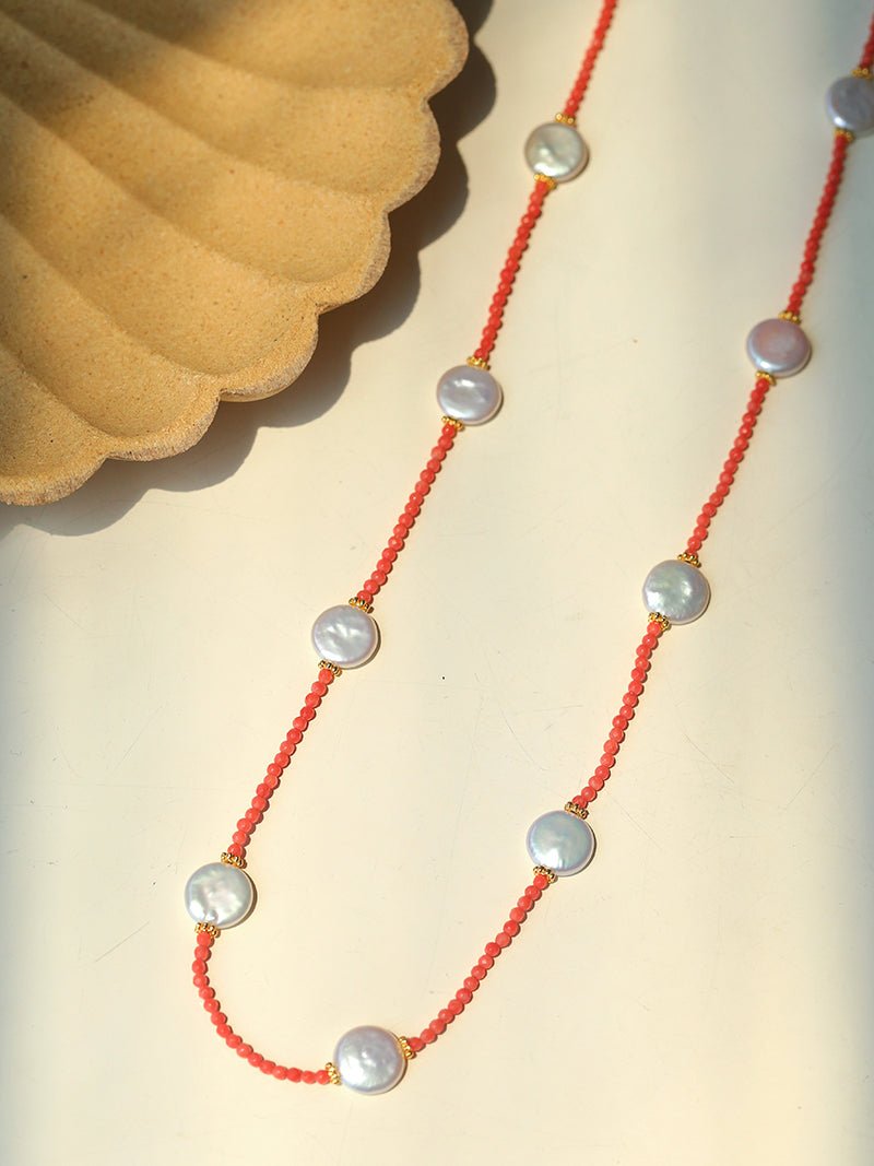 Baroque Pearl & Red Faceted Gem Beaded Long Necklace - floysun