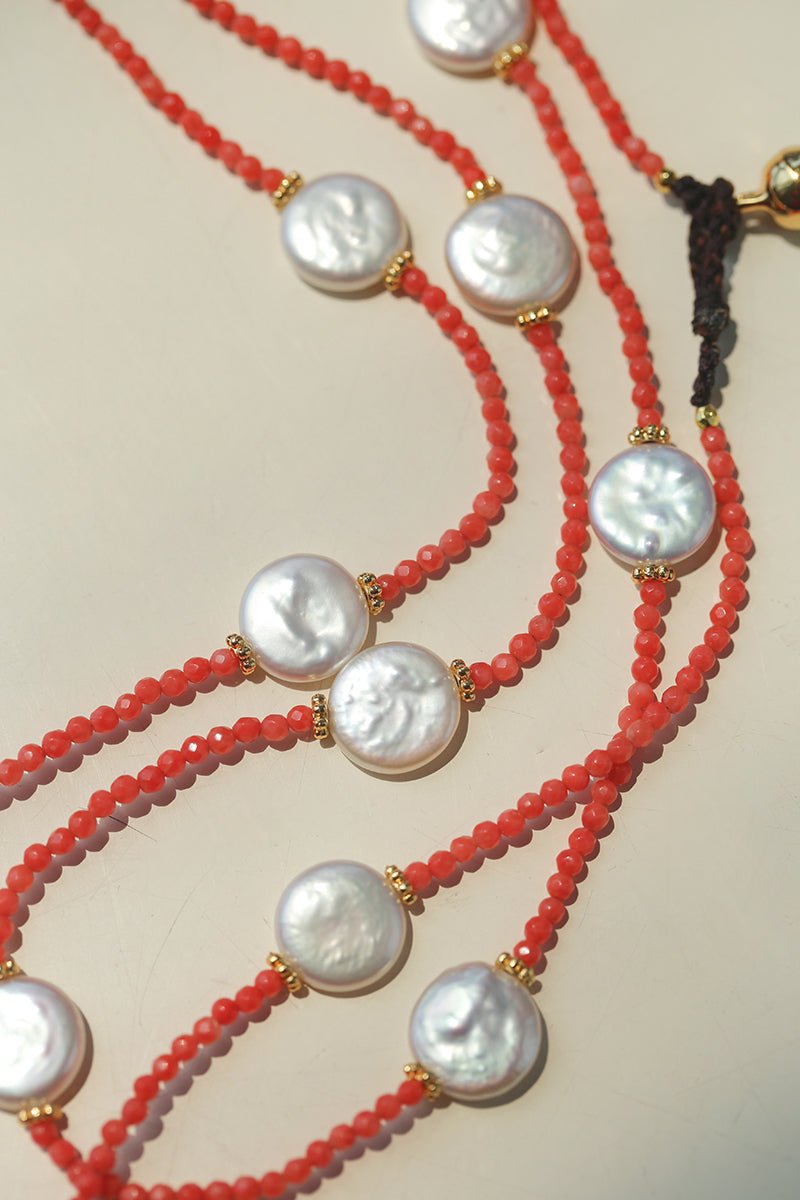 Baroque Pearl & Red Faceted Gem Beaded Long Necklace - floysun