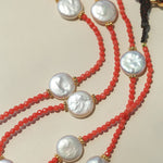 Baroque Pearl & Red Faceted Gem Beaded Long Necklace - floysun