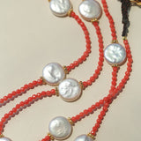 Baroque Pearl & Red Faceted Gem Beaded Long Necklace - floysun