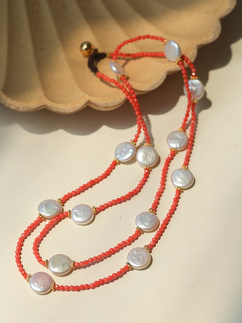 Baroque Pearl & Red Faceted Gem Beaded Long Necklace - floysun
