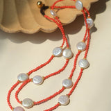 Baroque Pearl & Red Faceted Gem Beaded Long Necklace - floysun