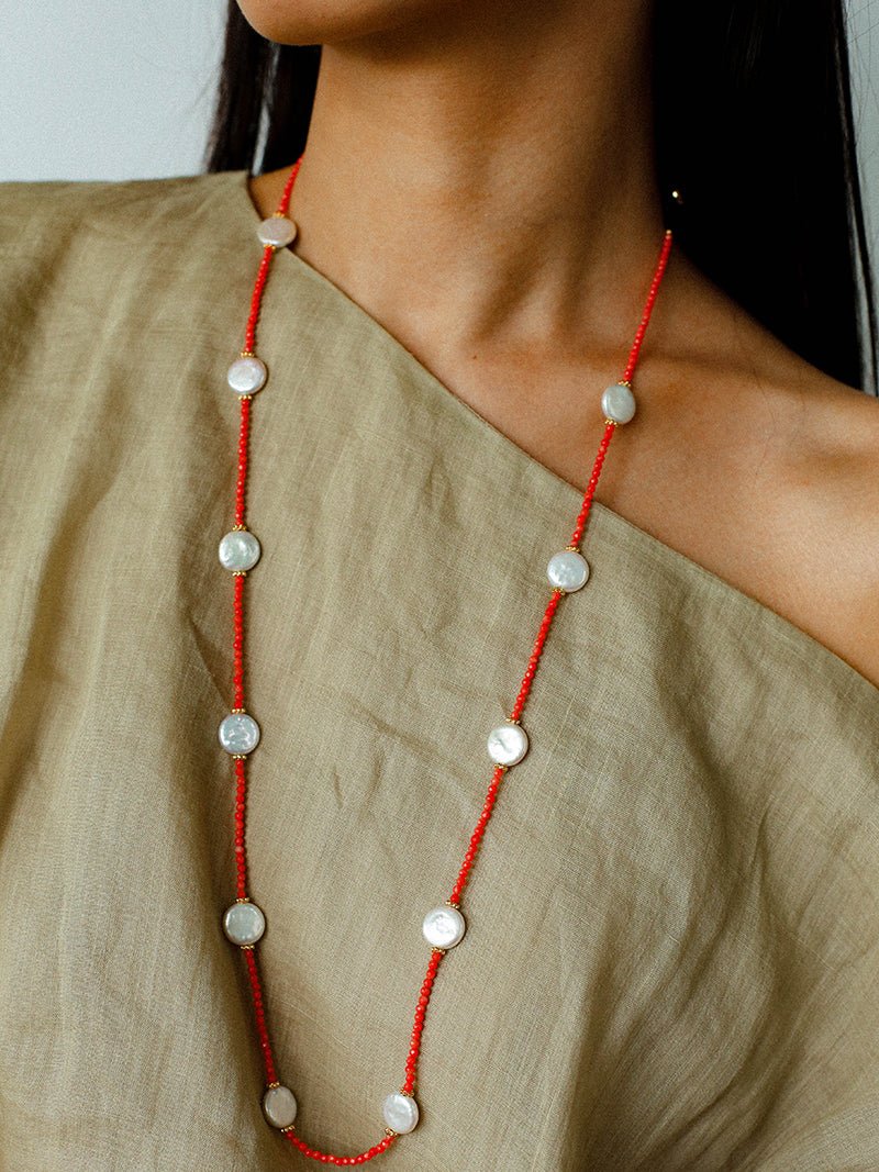 Baroque Pearl & Red Faceted Gem Beaded Long Necklace - floysun