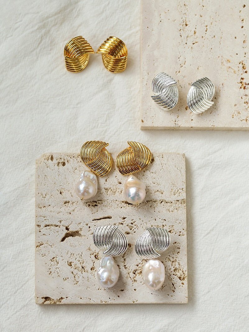 Baroque Pearl Twisted Metal Stripe Texture Earrings - floysun