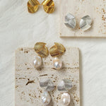 Baroque Pearl Twisted Metal Stripe Texture Earrings - floysun