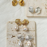 Baroque Pearl Twisted Metal Stripe Texture Earrings - floysun